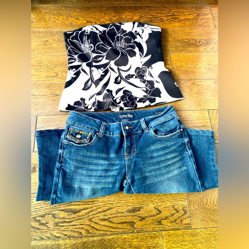 White House Black Market bustier and jeans duo!